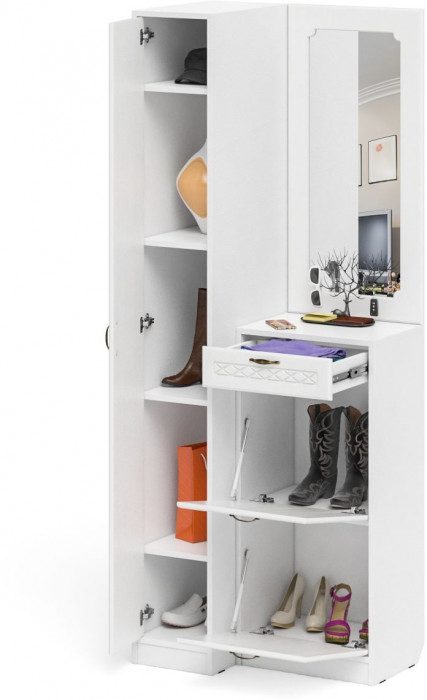 Прихожая П-6 Компоновка № 43, белая шагрень/фасады МДФ белое дерево фрезеровка ромб