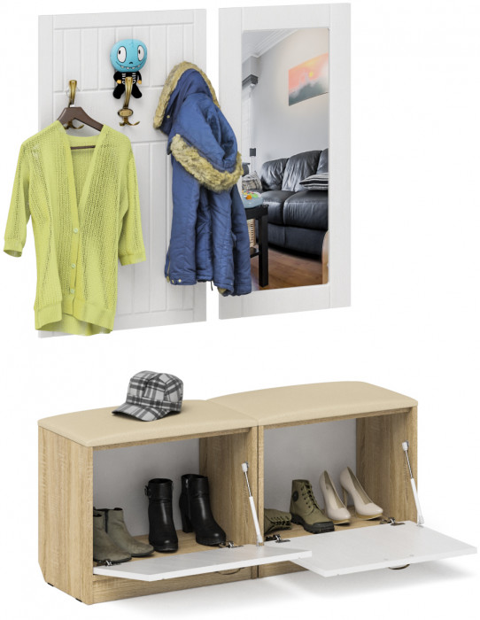 Прихожая П-6 Компоновка № 02, цвет дуб сонома/фасады МДФ белое дерево фрезеровка прованс, ШхГхВ 120х35х200 см.