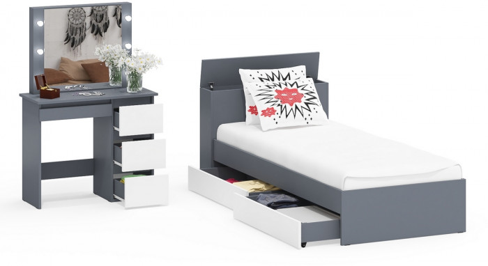 Ксения Кровать с ящиками 0900 + Стол косметический с подсветкой Сура, графит/белый