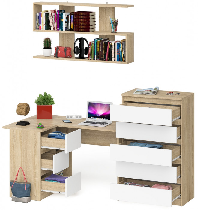 Мори компьютерный стол МС-16 левый + Комод МК700.5 + Полка 1200, дуб сонома/белый