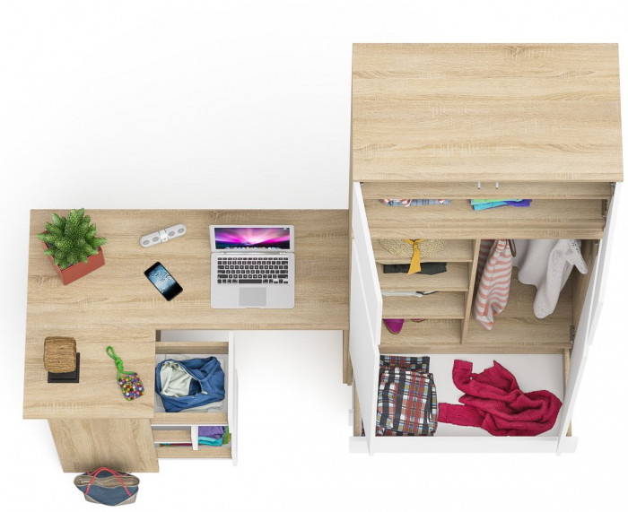 Мори компьютерный стол МС-16 левый + Шкаф МШ900.1 + Антресоль МА900.1, дуб сонома/белый