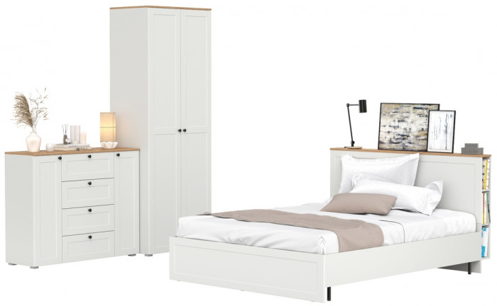 Остин 11.53 Кровать + ортопед + 13.336.02 Шкаф для одежды + 16.221 Комод, белый шагрень/дуб крафт золотой