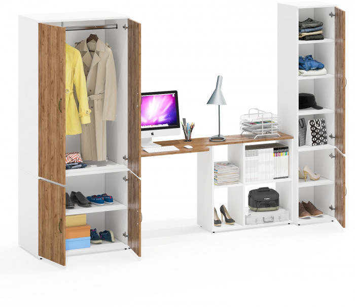 Лидер-8 Шкаф МД 19Б + Стол + Пенал 22Б, цвет белый шагрень/крафт золото, ШхГхВ 285х50/37,5х75/190 или 195х120х75/190 см., НЕ ун.сб.