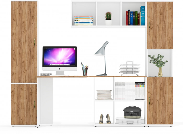 Лидер-8 Пенал МД 21Б + Стол + Полка + Пенал, цвет белый шагрень/крафт золото, ШхГхВ 245х50х75/190 или 155х120/50х75/190 см., НЕ универсальная сборка