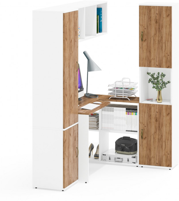 Лидер-8 Пенал МД 21Б + Стол + Полка + Пенал, цвет белый шагрень/крафт золото, ШхГхВ 245х50х75/190 или 155х120/50х75/190 см., НЕ универсальная сборка