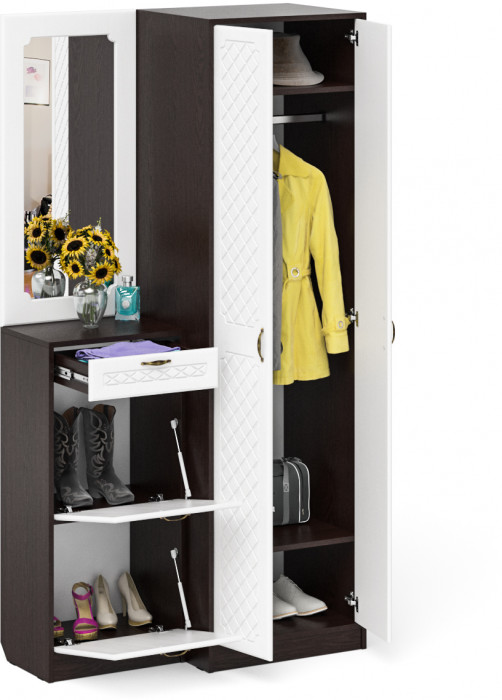 Прихожая П-6 Компоновка № 17, венге/фасады МДФ белое дерево фрезеровка ромб