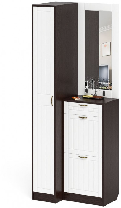 Прихожая П-6 Компоновка № 43, венге/фасады МДФ белое дерево фрезеровка прованс