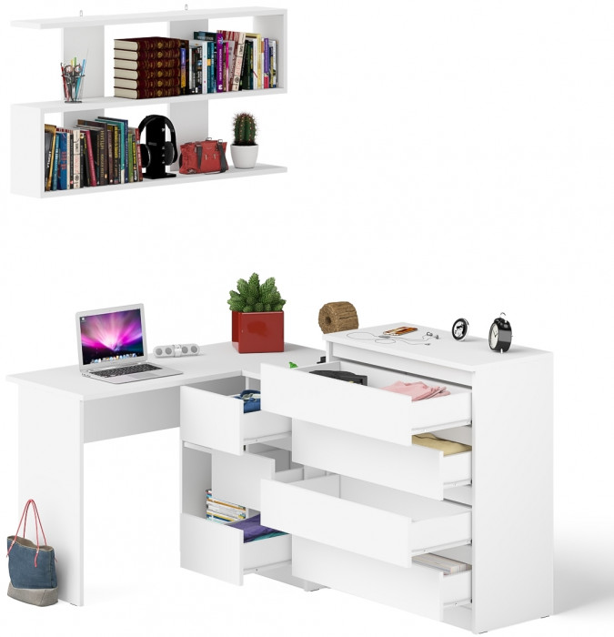 Мори компьютерный стол МС-16 правый + Комод МК800.4 + Полка 1200, белый