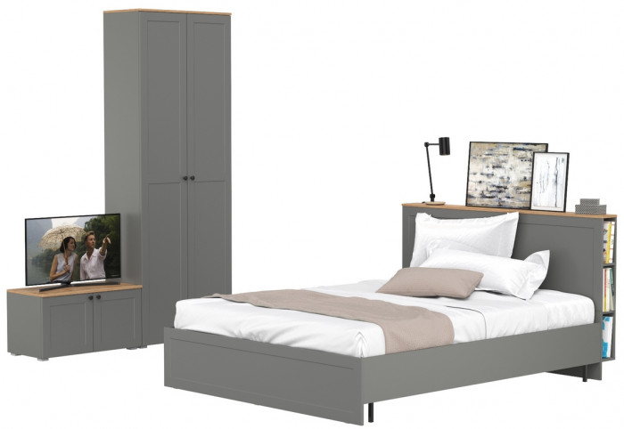 Остин 11.53 Кровать + ортопед + 16.307 Шкаф + 13.257 Тумба, серый графит/дуб крафт золотой