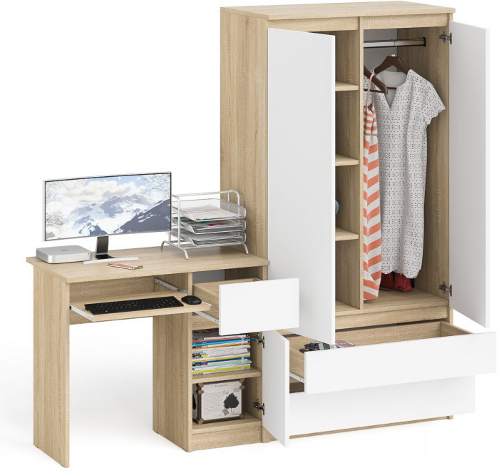 Мори Стол компьютерный МС-1 правый + Шкаф МШ900.1, цвет дуб сонома/белый, ШхГхВ 180,4х50,4х179,6 см., выдвижной ящик справа, НЕ универсальная сборка