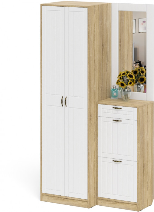 Прихожая П-6 Компоновка № 17, дуб сонома/фасады МДФ белое дерево фрезеровка прованс