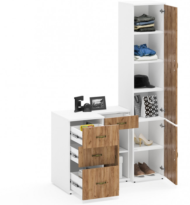 Лидер-8 Пенал МД 22Б + Тумба МД 3.15 + Тумба МД 3.16, белый шагрень/крафт золото