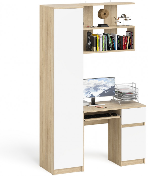 Мори компьютерный стол МС-1 правый + Пенал МШ400.1 + Полка 900, дуб сонома/белый