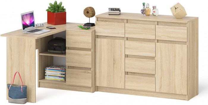 Мори компьютерный стол МС-16 правый + Комод МК1200.4, дуб сонома