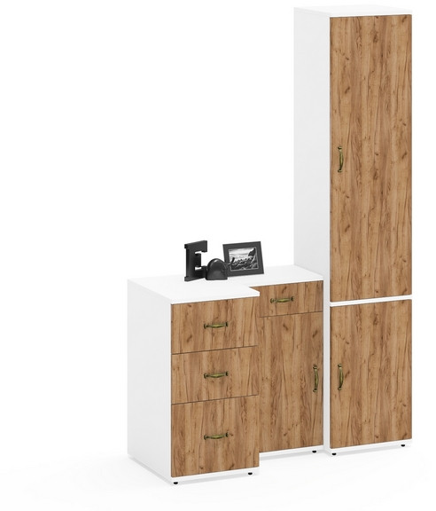 Лидер-8 Пенал МД 21Б + Тумба МД 3.15 + Тумба МД 3.16, цвет белый шагрень/крафт золото, ШхГхВ 120х50х190 см., универсальная сборка