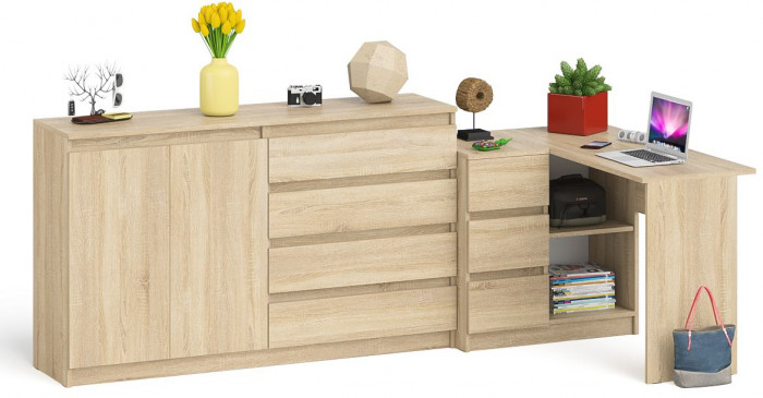 Мори Стол компьютерный МС-16 левый + Комод МК1600.1, цвет дуб сонома, ШхГхВ 284,8х84,9х94 см., выдвижные ящики слева, НЕ универсальная сборка