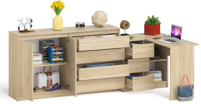 Мори Стол компьютерный МС-16 левый + Комод МК1600.1, цвет дуб сонома, ШхГхВ 284,8х84,9х94 см., выдвижные ящики слева, НЕ универсальная сборка