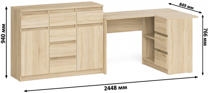 Мори Стол компьютерный МС-16 правый + Комод МК1200.4, цвет дуб сонома, ШхГхВ 244,8х84,9х94 см., выдвижные ящики справа, НЕ универсальная сборка