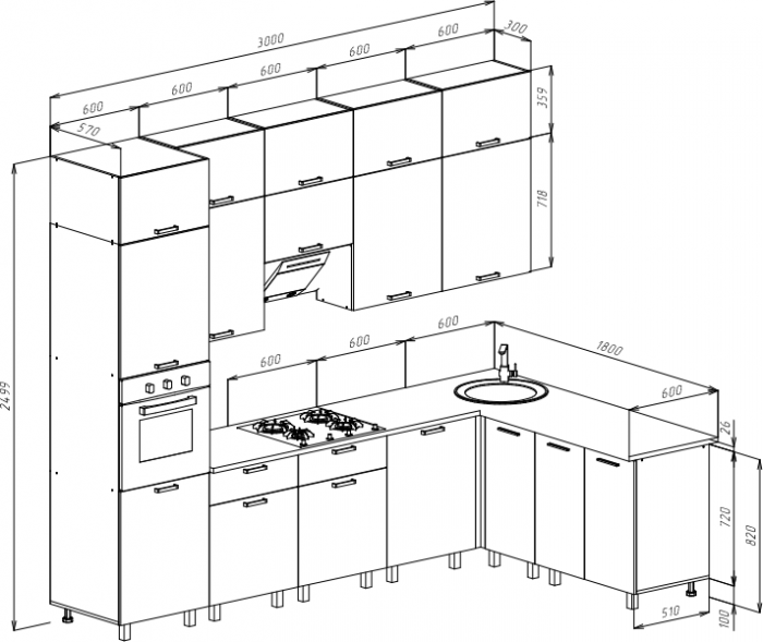 Кухня Техно 3,0х1,8/1080м Компоновка №6, Белый/Марсала глянец