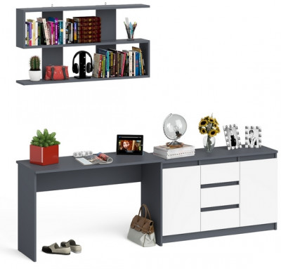 Мори Стол письменный МСП1200.1 + Комод МК1200.3 + Полка 1200, цвет графит/белый, ШхГхВ 240,8х50х209,6 см., универсальная сборка