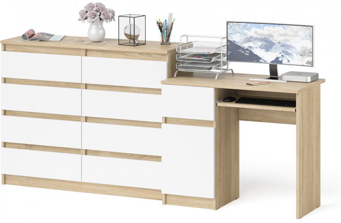 Мори Стол компьютерный МС-1 левый + Комод МК1200.8, цвет дуб сонома/белый, ШхГхВ 210,4х50х94 см., выдвижной ящик слева, НЕ универсальная сборка