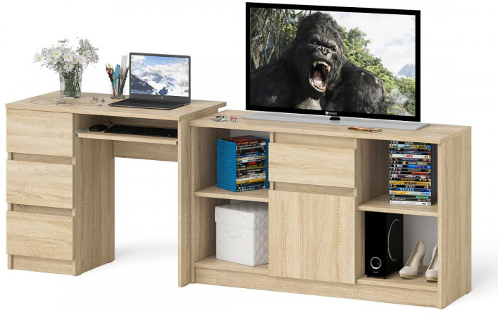 Мори компьютерный стол МС-6 левый + Тумба МТВ1204.1, дуб сонома