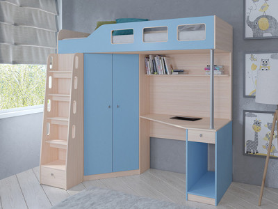 Кровать чердак Астра 7 Дуб молочный/Голубой