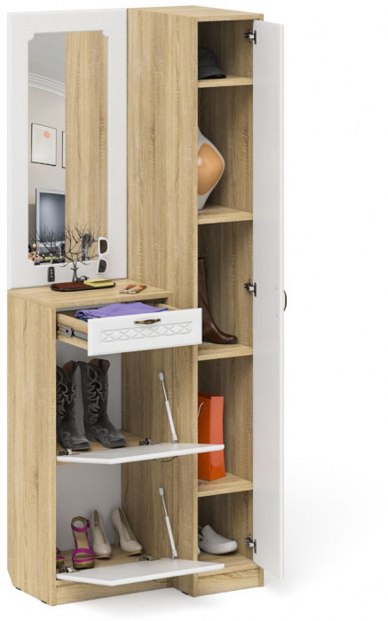 Прихожая П-6 Компоновка № 43, дуб сонома/фасады МДФ белое дерево фрезеровка ромб