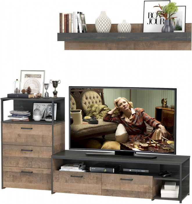 Трувор 13.70 Тумба под ТВ + 13.307.02 Комод с ящиками + 15.60 Полка, дуб гранж песочный/интра