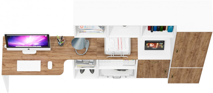 Лидер-8 Стол + Полка + Тумба МД 3.15 + Пенал МД 21Б, цвет белый шагрень/крафт золото, ШхГхВ 245х50/37,5х75/190 или 115х160/50х75/190 см., НЕ ун. сб.