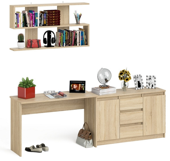 Мори Стол письменный МСП1200.1 + Комод МК1200.3 + Полка 1200, цвет дуб сонома, ШхГхВ 240,8х50х209,6 см., универсальная сборка