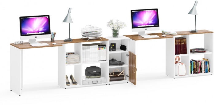 Лидер-8 Стол + Стол + Тумба МД 3.19, цвет белый шагрень/крафт золото, ШхГхВ 370х50/30х75 см. или 230х50/120х75 см., НЕ универсальная сборка