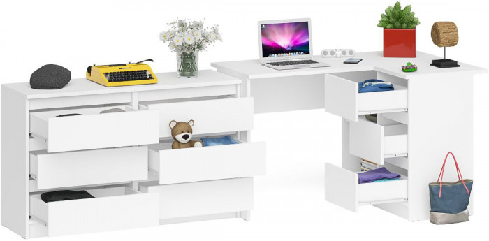 Мори Стол компьютерный МС-16 правый + Комод МК1200.6, цвет белый, ШхГхВ 244,8х84,9х76,6 см., выдвижные ящики справа, НЕ универсальная сборка