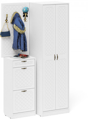 Прихожая П-6 Компоновка № 18, белая шагрень/фасады МДФ белое дерево фрезеровка ромб