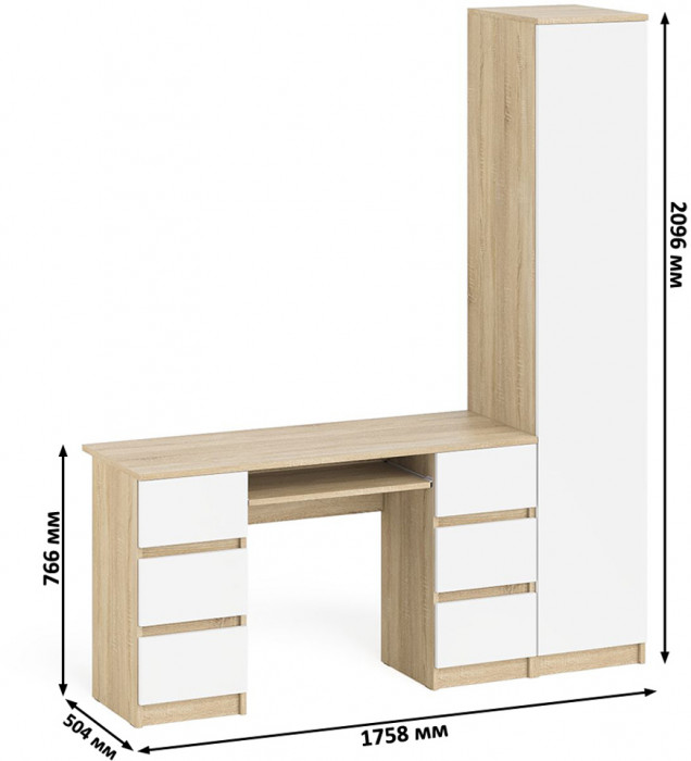 Мори компьютерный стол МС-2 + Пенал МШ400.1, дуб сонома/белый