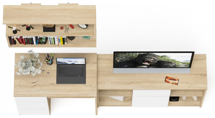 Мори компьютерный стол МС-6 левый + Тумба МТВ1204.1 + Полка 900, дуб сонома/белый