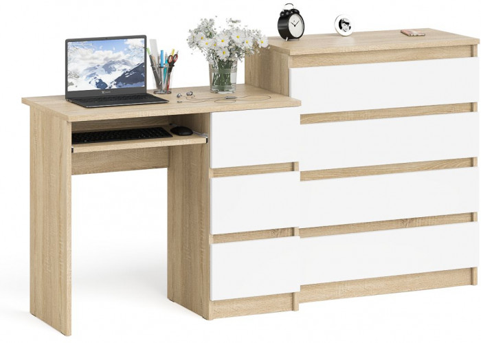 Мори компьютерный стол МС-6 правый + Комод МК800.4, дуб сонома/белый