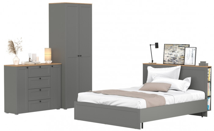 Остин 11.53 Кровать + ортопед + 13.336.02 Шкаф для одежды + 16.221 Комод, серый графит/дуб крафт золотой