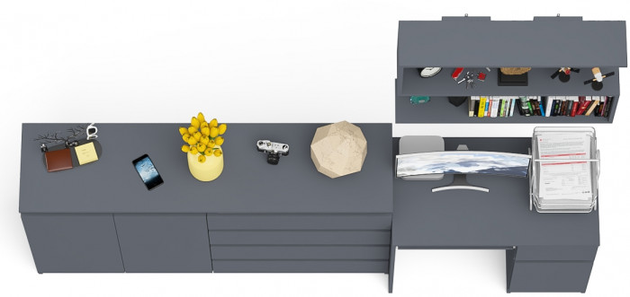 Мори Стол компьютерный МС-1 правый + Комод МК1600.1 + Полка 900, цвет графит, ШхГхВ 250,4х50х209,6 см., НЕ универсальная сборка