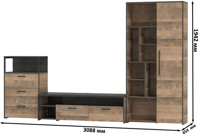 Трувор Гостиная 080, цвет дуб гранж песочный/интра, ШхГхВ 308,8х45,4х194,2 см., универсальная сборка