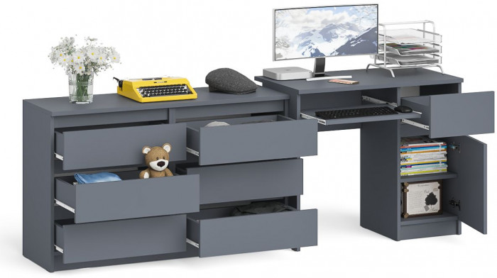 Мори Стол компьютерный МС-1 правый + Комод МК1200.6, цвет графит, ШхГхВ 210,4х50х76,6 см., выдвижной ящик справа, НЕ универсальная сборка
