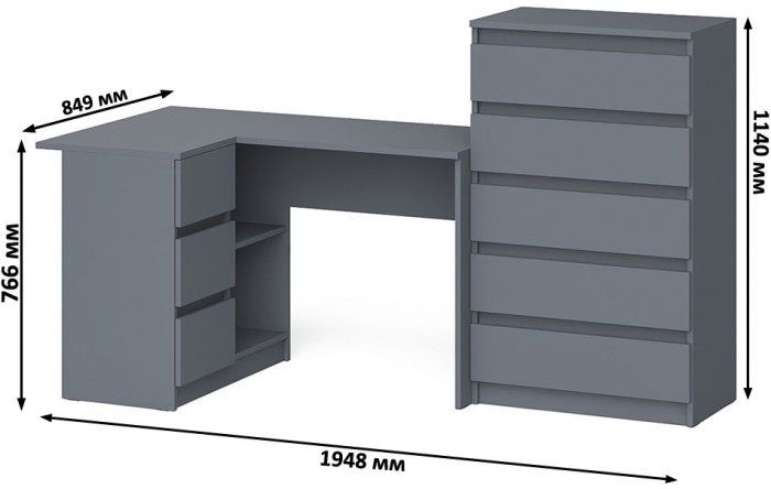 Мори Стол компьютерный МС-16 левый + Комод МК700.5, цвет графит, ШхГхВ 194,8х84,9х114 см., выдвижные ящики слева, НЕ универсальная сборка