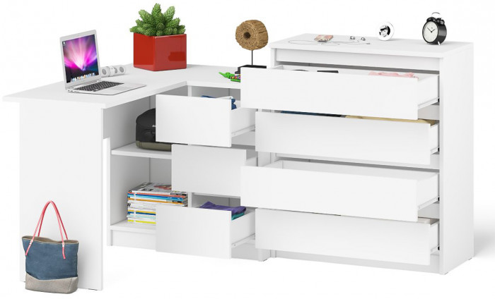 Мори компьютерный стол МС-16 правый + Комод МК800.4, белый