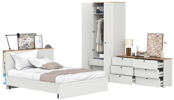 Остин 11.53 Кровать + ортопед + 13.336.02 Шкаф для одежды + 16.240 Комод, белый шагрень/дуб крафт золотой