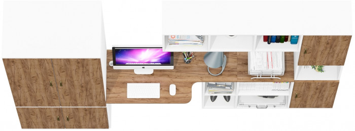 Лидер-8 Шкаф МД 19Б + Стол + Полка + Пенал, цвет белый шагрень/крафт золото, ШхГхВ 285х50/30х75/190 или 195х120х75/190 см., НЕ ун.сб.