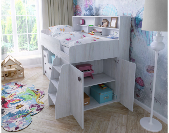 Кровать-чердак Малыш 5 (Дуб молочный/Лайм)