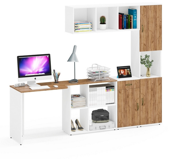 Лидер-8 Стол + Полка + Тумба МД 3.15 + Пенал, цвет белый шагрень/крафт золото, ШхГхВ 370х50/30х75/190 или 230х50/120х75/190 см., НЕ универс. сб.