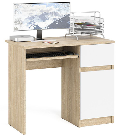 Мори Стол компьютерный МС-1 правый, цвет дуб сонома/белый, ШхГхВ 90х50х76,6 см., выдвижной ящик справа, НЕ универсальная сборка