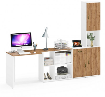 Лидер-8 Стол + Тумба МД 3.15 + Пенал, цвет белый шагрень/крафт золото, ШхГхВ 245х50/30х75/190 см. или 115х50/160х75/190 см., НЕ универсальная сборка