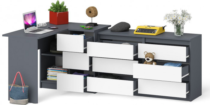 Мори Стол компьютерный МС-16 правый + Комод МК1200.6, цвет графит/белый, ШхГхВ 244,8х84,9х76,6 см., выдвижные ящики справа, НЕ универсальная сборка